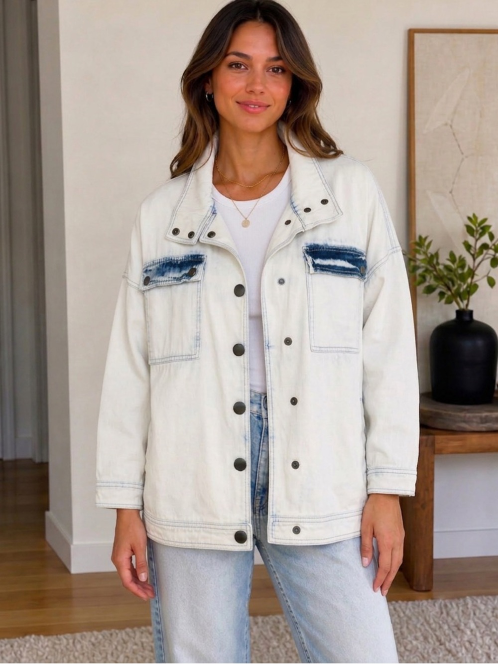 Oversized Jean Jacket Acid Wash Unique Shacket Utility Neutral Snap Front